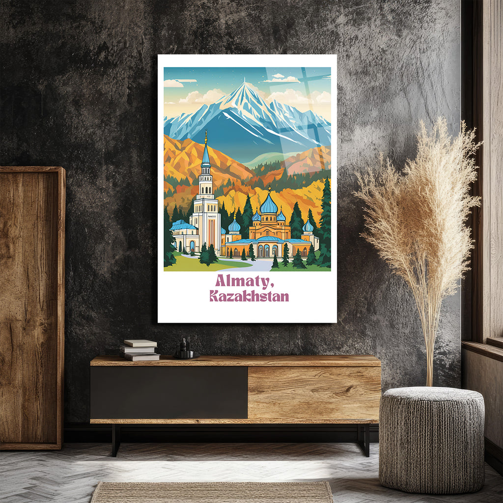 Almatı Kazakistan Karlı Dağlar Manzaralı Modern Cam Tablo