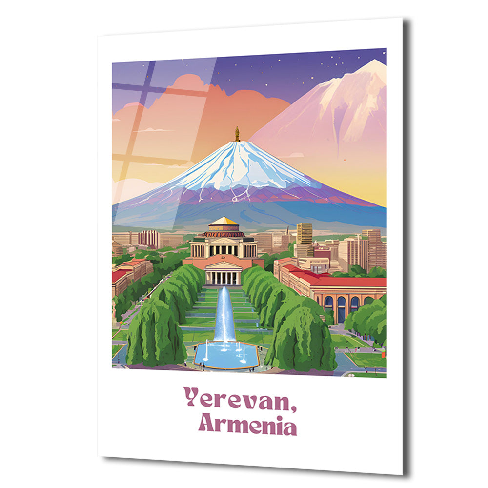 Erivan Ermenistan Şehir Manzarası ve Ararat Dağı Cam Tablo