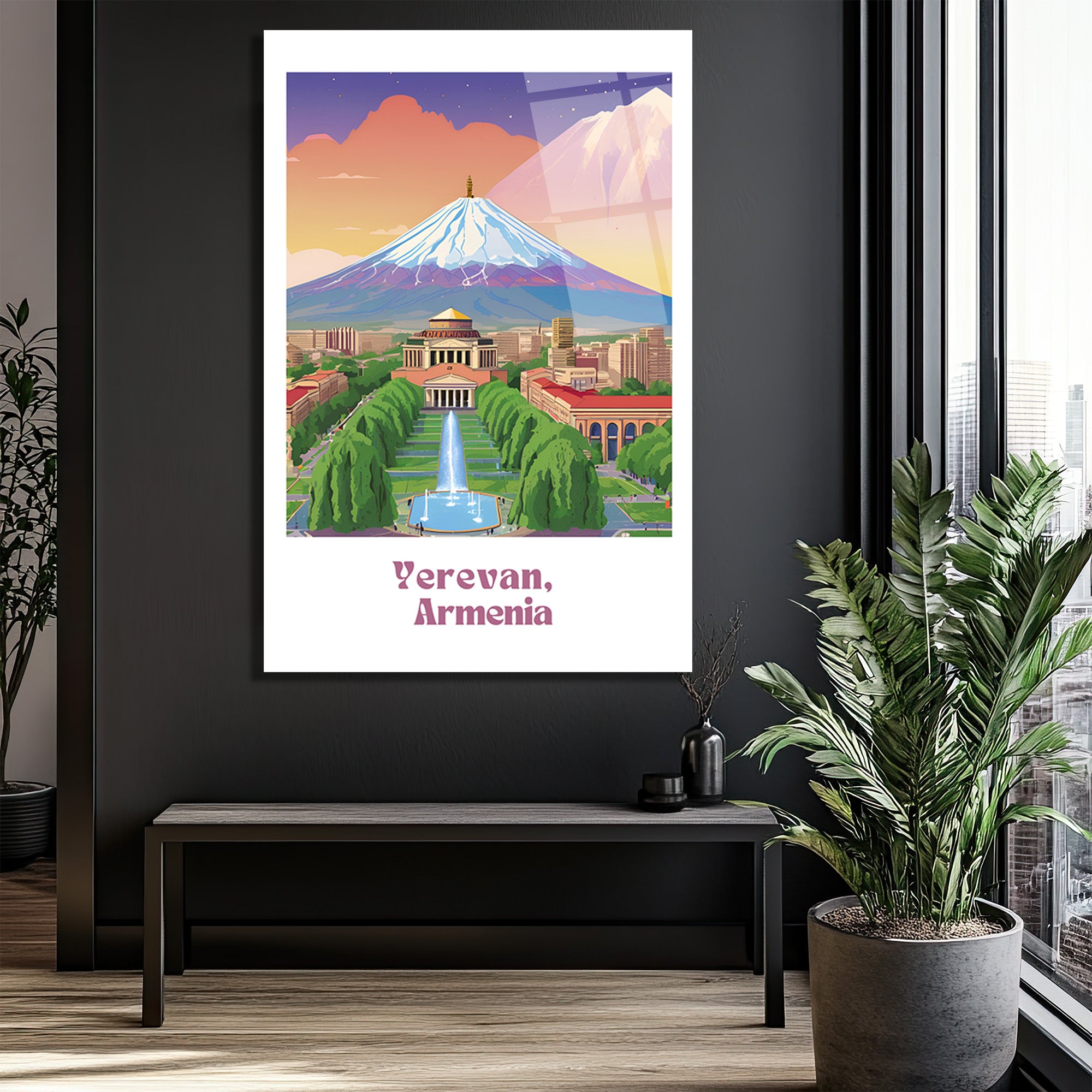 Erivan Ermenistan Şehir Manzarası ve Ararat Dağı Cam Tablo