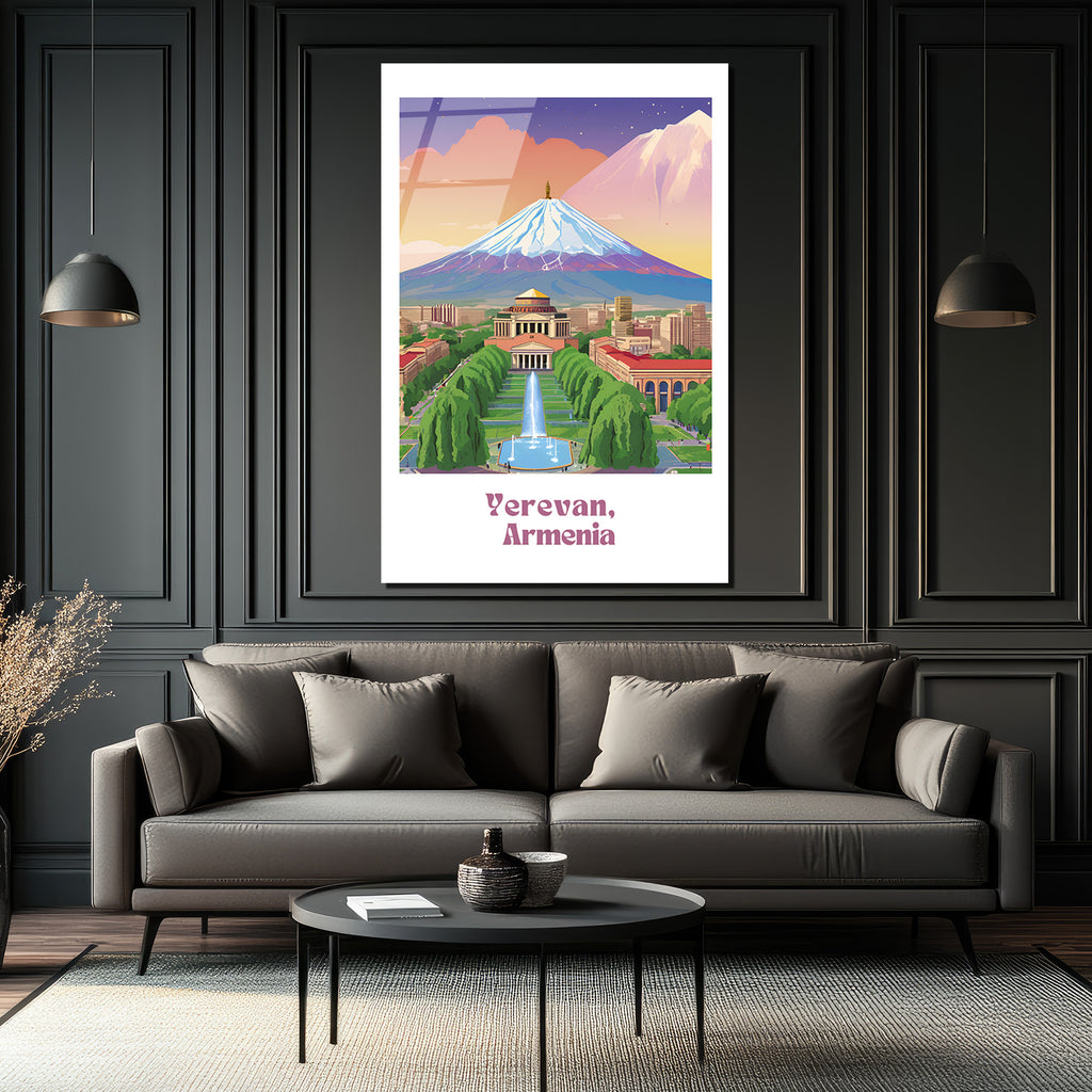 Erivan Ermenistan Şehir Manzarası ve Ararat Dağı Cam Tablo