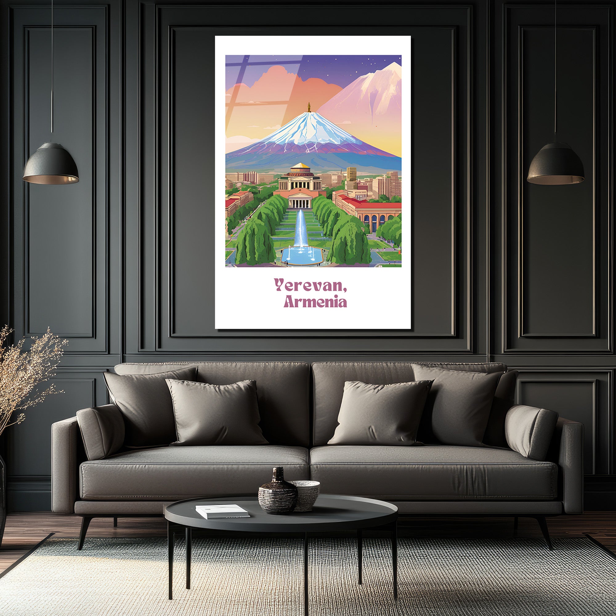 Erivan Ermenistan Şehir Manzarası ve Ararat Dağı Cam Tablo