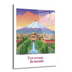 Erivan, Ermenistan'ın ikonik binalarını, yemyeşil parklarını ve fıskiyesini gösteren, arka planda karlı Ararat Dağı'nın yükseldiği, gün batımı renklerinde gökyüzüne sahip stilize edilmiş bir şehir manzarası çizimi. Resimde Erivan, Ermenistan yazısı da bulunmaktadır.