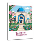 Tashkent, Özbekistan'daki mavi kubbeli tarihi bir binanın, etrafı pembe, kırmızı ve mavi çiçeklerle dolu yeşil bahçelerle çevrili, çizgi film tarzı illüstrasyonu. Beyaz bir çerçeve içinde, altında 'Tashkent, Uzbekistan' yazısı bulunan dikey bir cam tablo.