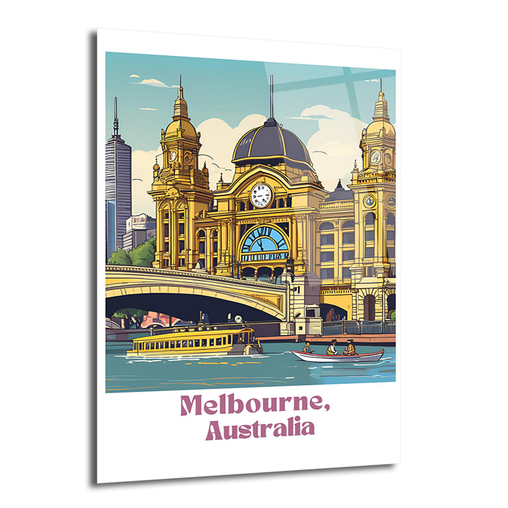 Melbourne'daki tarihi Flinders Street İstasyonu'nun nehir kenarında, önünde köprü, tramvay ve kayıkların olduğu, çizim stilinde bir illüstrasyonu. Sarı, mavi ve yeşil tonları hakim.