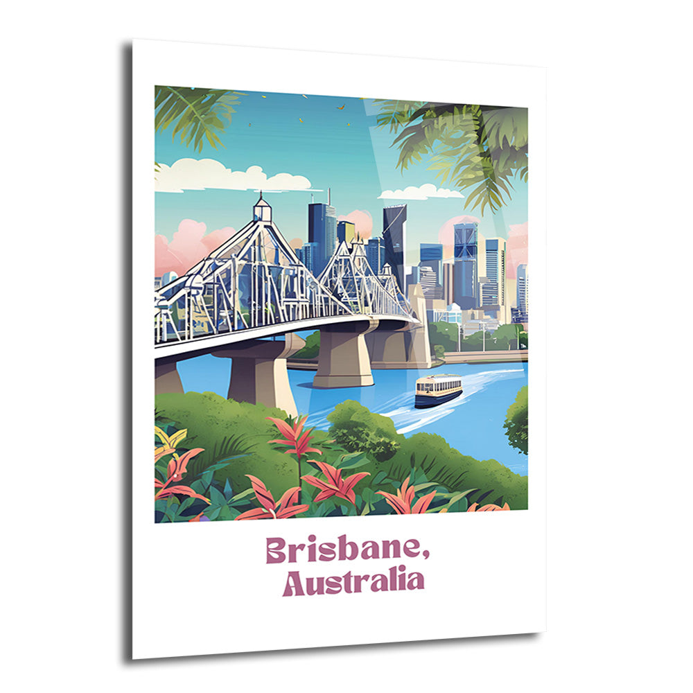 Brisbane şehir silüeti ve Story Köprüsü'nü modern illüstrasyon tarzında gösteren, nehirde tekne ve tropik bitkilerle çevrili canlı renkli cam tablo.