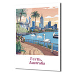 Perth Avustralya Şehir Manzarası Cam Tablo | Kuğu ve Palmiyelerle Modern Sanat