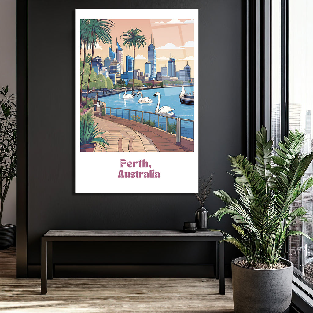 Perth Avustralya Şehir Manzarası Cam Tablo | Kuğu ve Palmiyelerle Modern Sanat