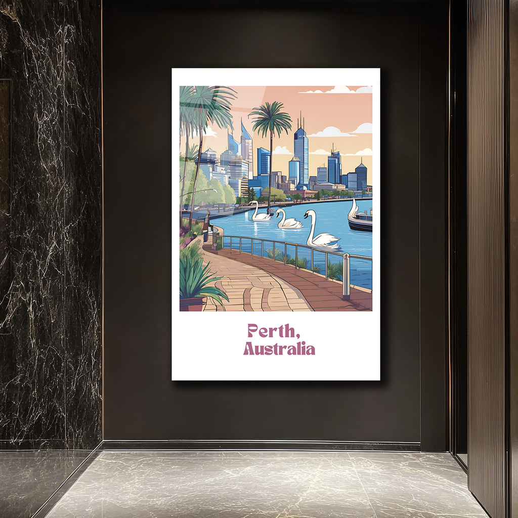 Perth Avustralya Şehir Manzarası Cam Tablo | Kuğu ve Palmiyelerle Modern Sanat