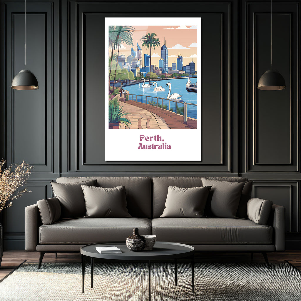 Perth Avustralya Şehir Manzarası Cam Tablo | Kuğu ve Palmiyelerle Modern Sanat