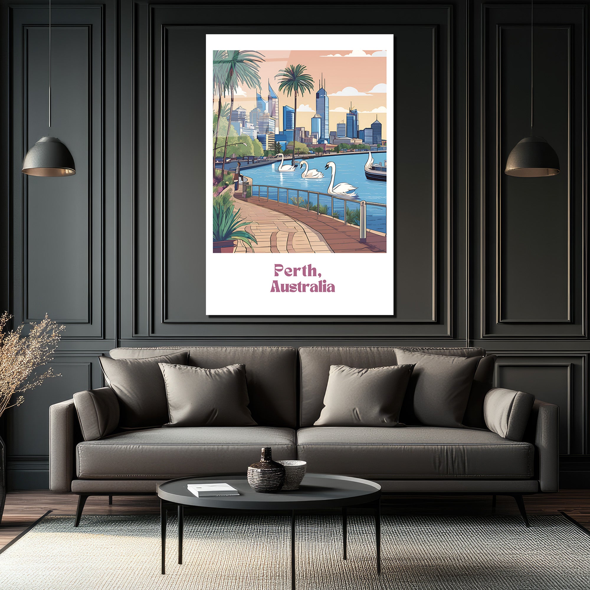 Perth Avustralya Şehir Manzarası Cam Tablo | Kuğu ve Palmiyelerle Modern Sanat