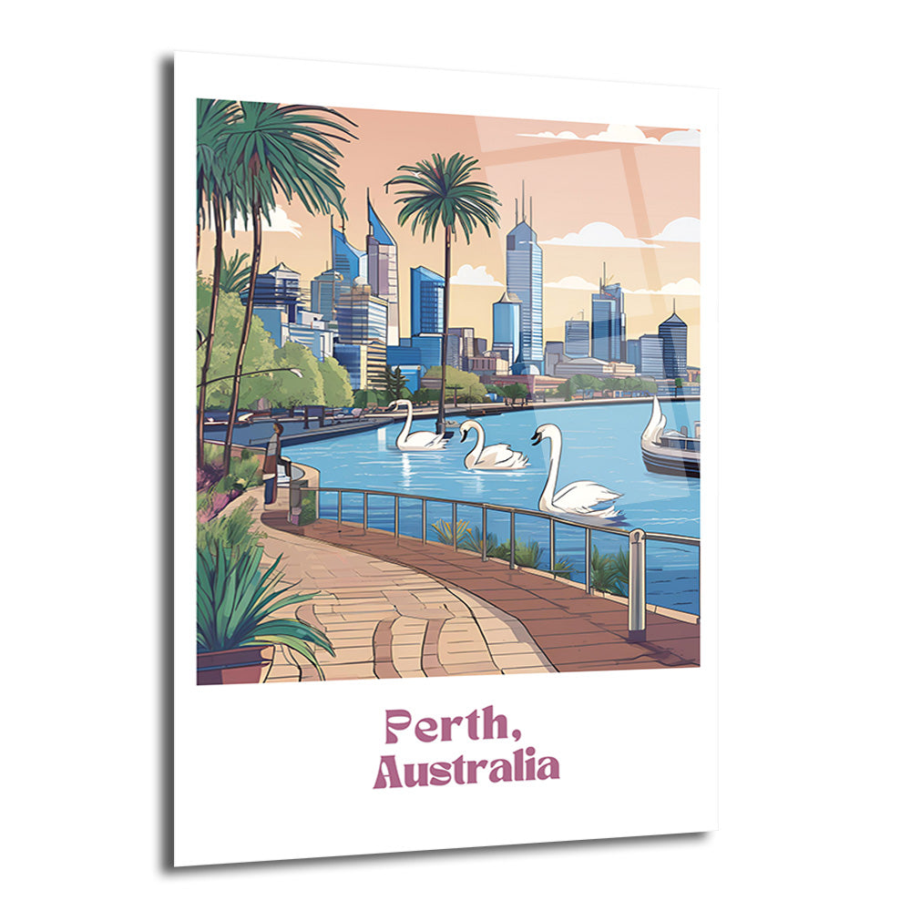 Perth Avustralya'nın modern şehir silüeti, nehirde yüzen beyaz kuğular ve palmiye ağaçlarının olduğu, canlı renklerde çizim tarzı bir cam tablo.