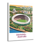 Adelaide, Avustralya'daki Adelaide Oval Stadyumu'nun kuşbakışı çizimi. Yeşil saha, beyaz çatı, çevresindeki ağaçlık alanlar, nehir ve şehir silüeti canlı renklerle tasvir edilmiştir. Resmin altında "Adelaide, Australia" yazısı yer almaktadır.