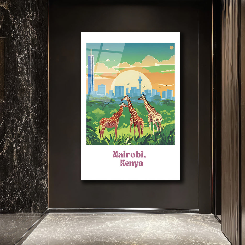 Nairobi Kenya Safari Şehri Zürafalar Temalı Cam Tablo