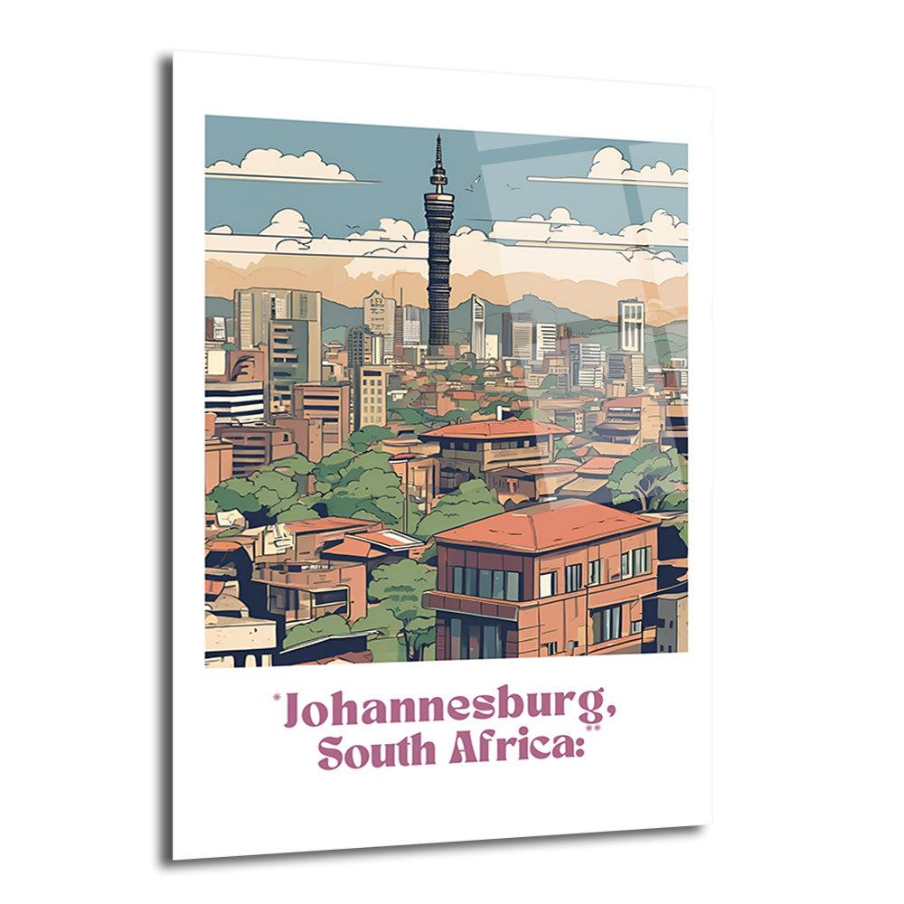 Johannesburg'un Hillbrow Kulesi ve şehir silüetini gösteren, stilize edilmiş çizim tarzında bir cam tablo. Ön planda turuncu çatılı binalar ve yeşil ağaçlar, arka planda gökdelenler ve bulutlu mavi gökyüzü yer alıyor. Görselin altında "Johannesburg, South Africa:" yazısı bulunuyor.