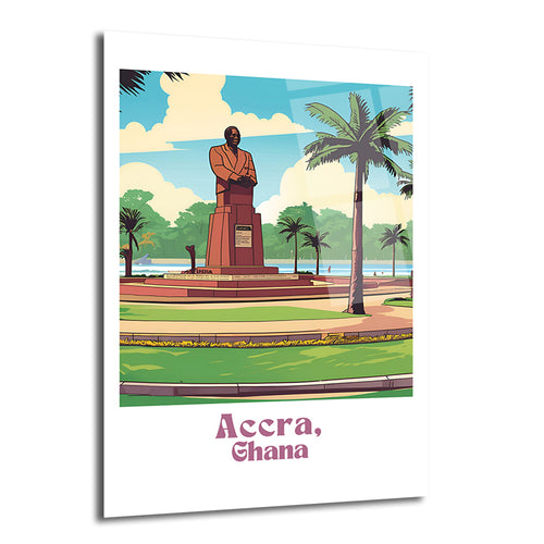 Accra, Gana'da palmiye ağaçları ve denizin fonunda yer alan, kahverengi bir anıt heykelini gösteren modern illüstrasyon tarzında cam tablo. Heykelin etrafında düzenli yeşil çimenler ve yollar bulunmaktadır, gökyüzü açık mavi ve bulutludur.