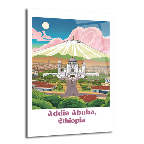 Addis Ababa'nın ikonik mimarisi ve doğal güzelliklerini gösteren sanatsal bir cam tablo. Ön planda beyaz büyük bir katedral, arkasında yeşil tepeler ve bulutlu bir gökyüzü ile şehir manzarası. Altında 'Addis Ababa, Ethiopia' yazısı.