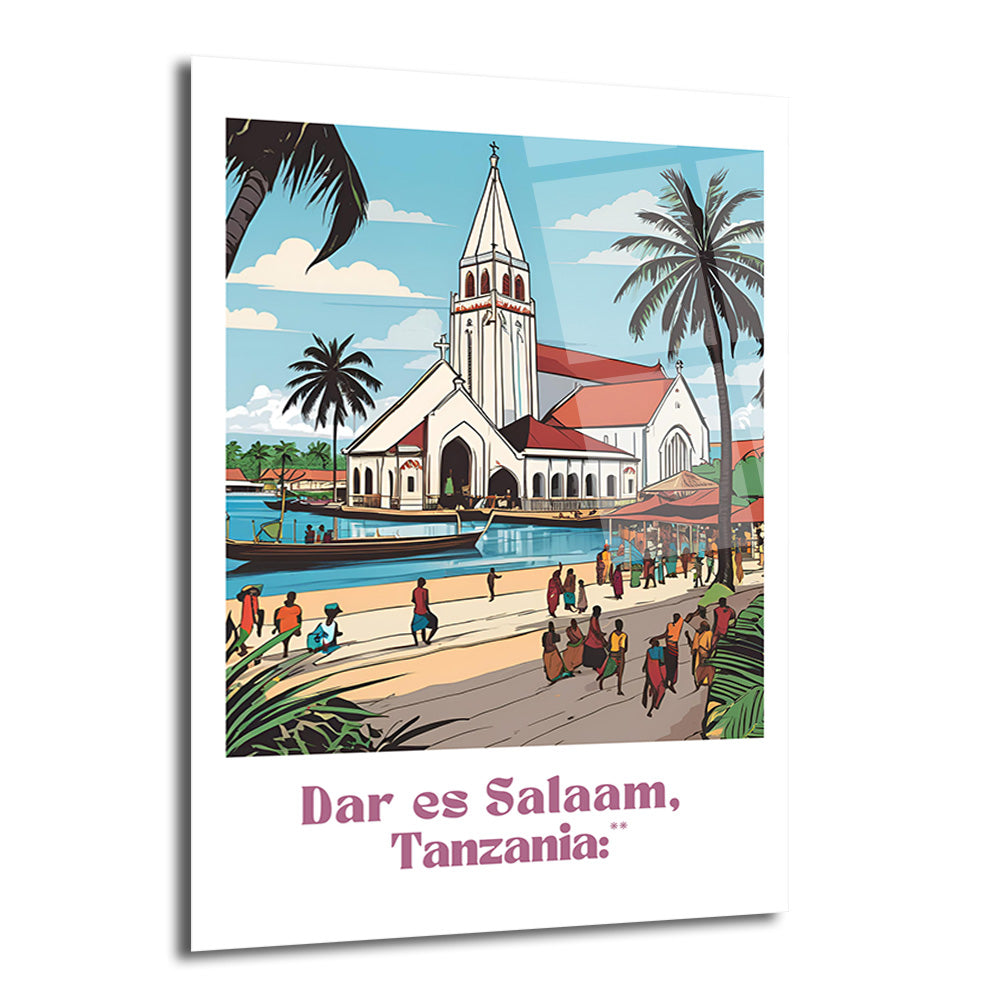 Tanzanya'nın Dar es Salaam şehrini gösteren, palmiye ağaçları, nehir kenarında bir kilise, geleneksel tekne ve hareketli bir pazar yerini tasvir eden renkli illüstrasyon cam tablo.