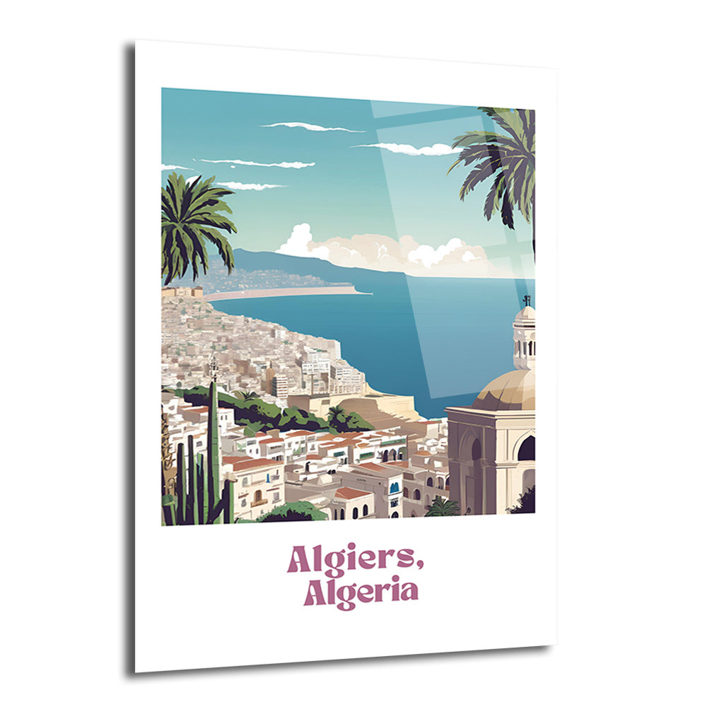 Güneşli bir günde Cezayir'in Algiers şehrini gösteren retro tarzda bir illüstrasyon. Mavi denizin kenarında beyaz binalar, yeşil palmiye ağaçları ve sağda kubbeli bir yapı görülüyor. Gökyüzünde hafif bulutlar var ve tablonun altında 'Algiers, Algeria' yazısı bulunuyor.