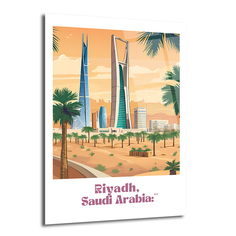 Riyadh şehir manzarasını gösteren, turuncu gökyüzü altında iki modern gökdelenin (Kingdom Centre ve Faisaliah Tower) ve ön planda palmiye ağaçlarının bulunduğu minimalist illüstrasyon cam tablo.