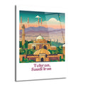 Tehran'ın minareler, camiler ve kubbelerle dolu tarihi siluetini, dağlık arka plan ve renkli gökyüzü ile gösteren modern illüstrasyon tarzı bir cam tablo. Görselde turkuaz, mor, turuncu ve altın sarısı renkler hakimdir.