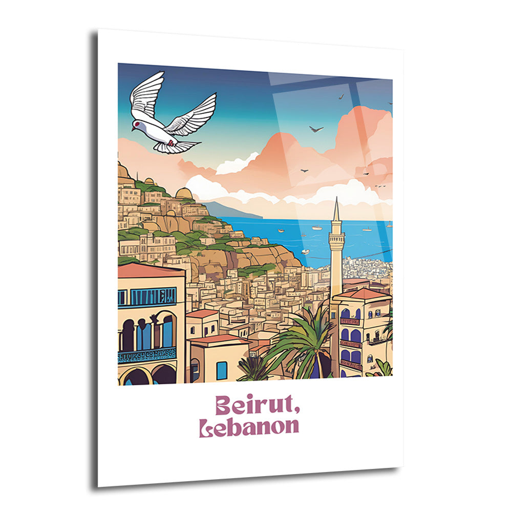 Beyrut şehrinin deniz kenarındaki binalarını, minareli camiyi, palmiye ağaçlarını ve tepeleri gösteren, üzerinde barış güvercini uçan renkli bir illüstrasyon. Altında "Beirut, Lebanon" yazısı bulunmaktadır.