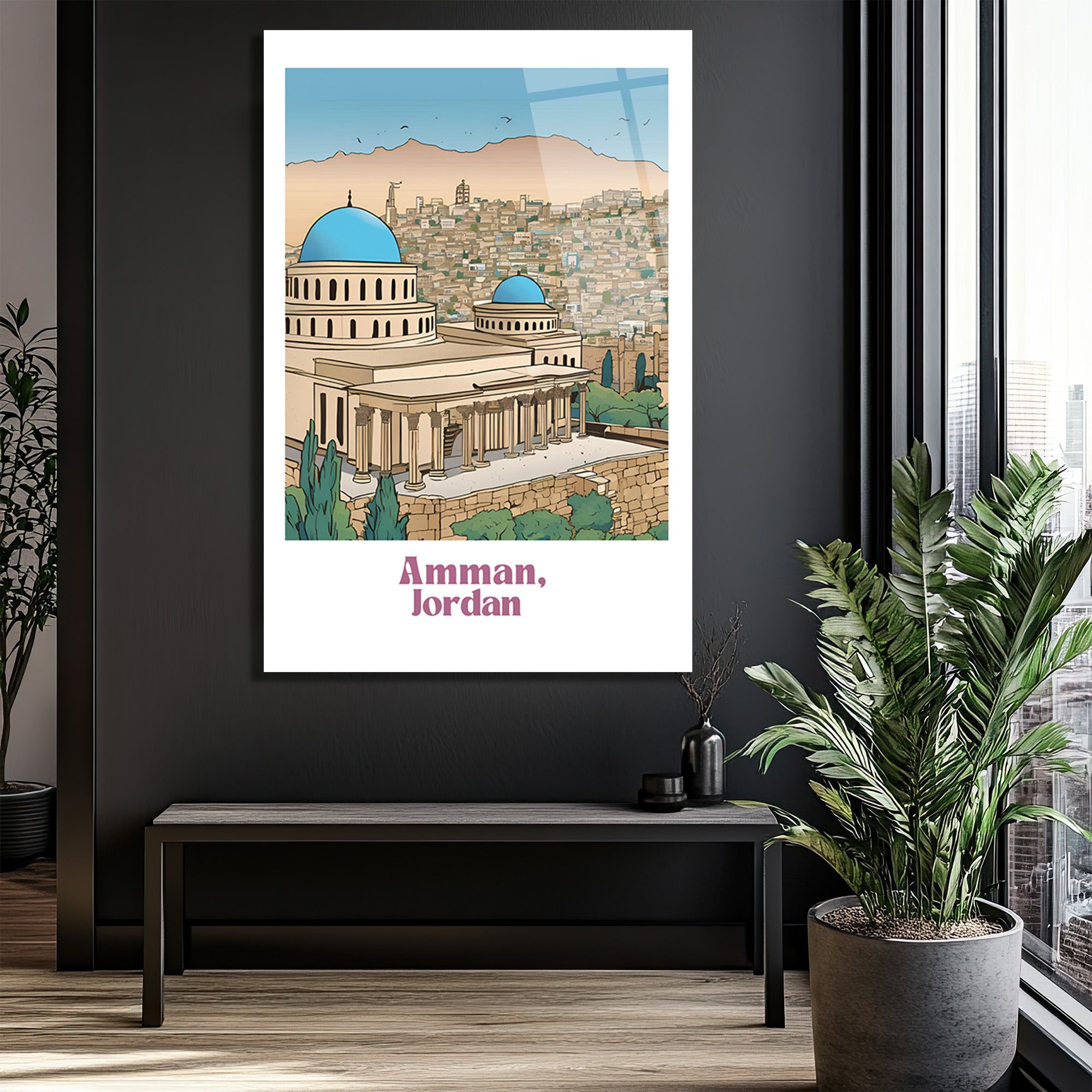 Amman, Ürdün Mimarisi Temalı Çizim Cam Tablo