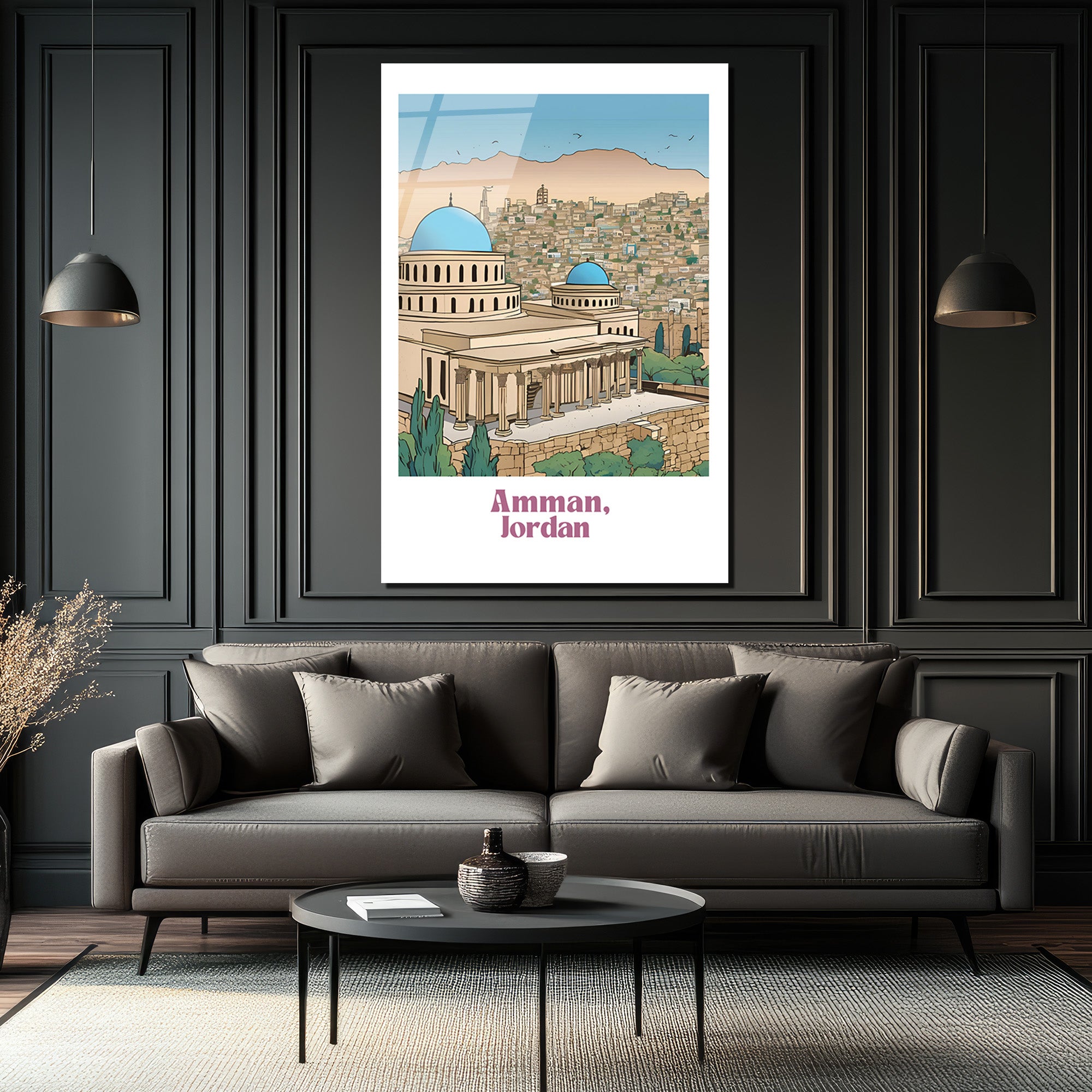 Amman, Ürdün Mimarisi Temalı Çizim Cam Tablo