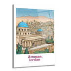 Amman, Ürdün'ün tarihi ve kültürel dokusunu yansıtan, mavi kubbeli bir yapının ve çevresindeki şehrin detaylı çizimini gösteren sanatsal cam tablo.