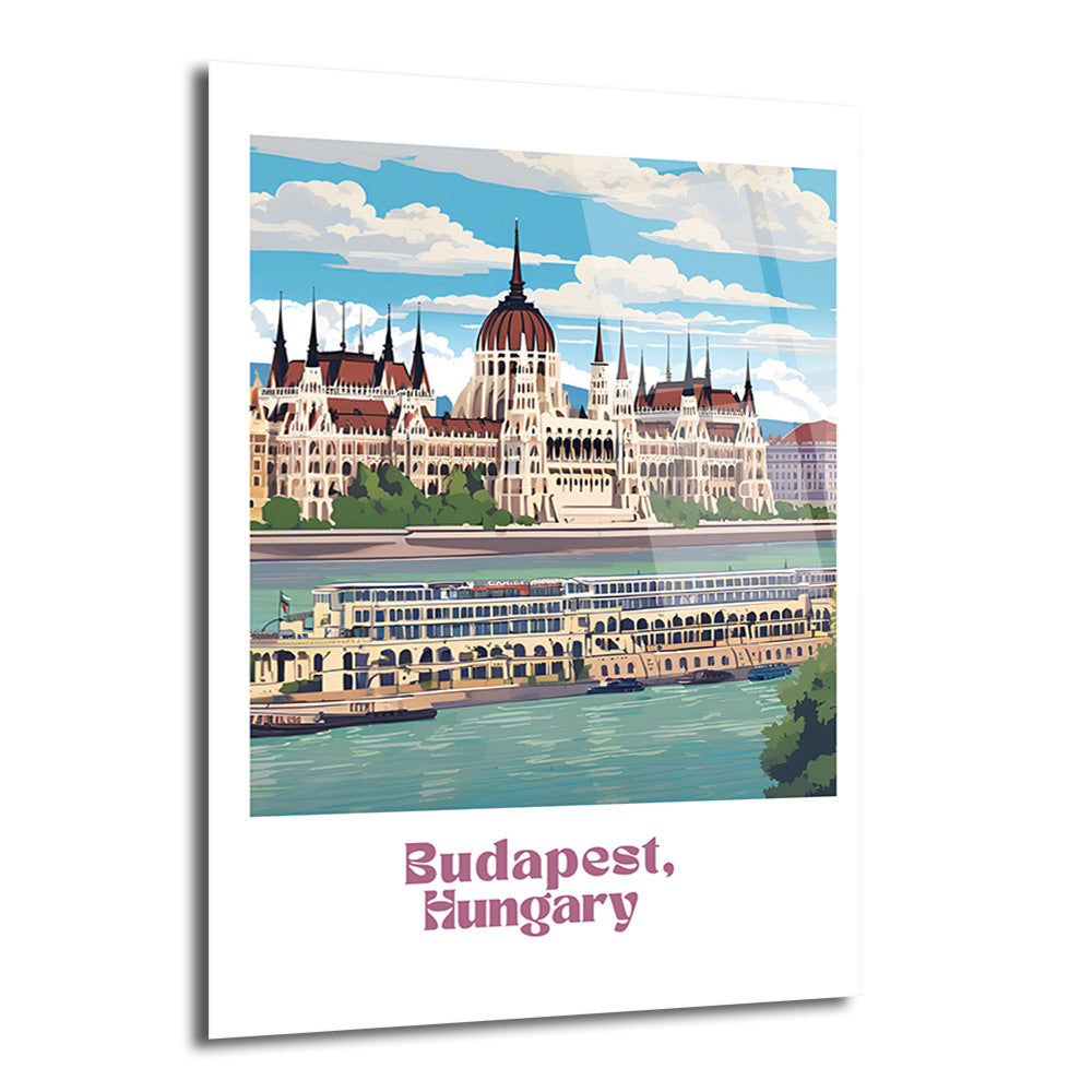 Budapeşte'deki Macaristan Parlamento Binası ve Tuna Nehri'nde yüzen bir teknenin renkli, çizim tarzında bir görseli. Parlemento binası nehrin kenarında, önünde bir gemi var ve gökyüzü bulutlu.