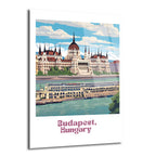 Budapeşte'deki Macaristan Parlamento Binası ve Tuna Nehri'nde yüzen bir teknenin renkli, çizim tarzında bir görseli. Parlemento binası nehrin kenarında, önünde bir gemi var ve gökyüzü bulutlu.