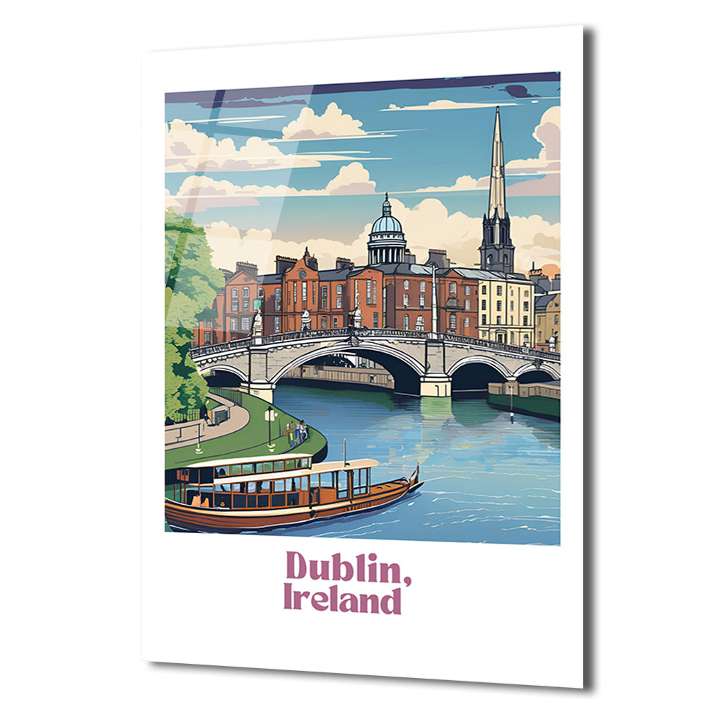 Dublin İrlanda Şehir Manzarası Cam Tablo - Sanatsal Seyahat Posteri
