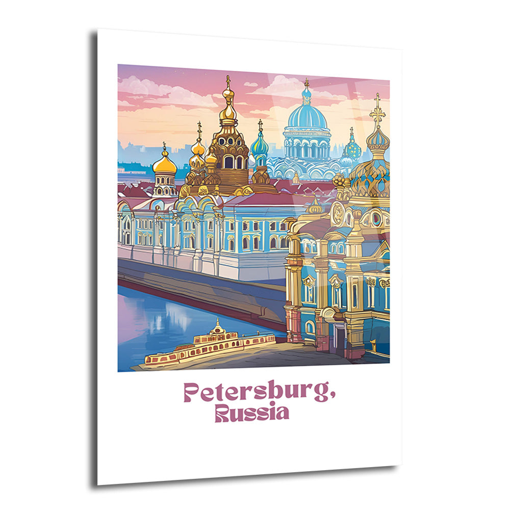 Petersburg, Rusya'nın ikonik mimarisini, altın kubbeleri, mavi ve beyaz binaları bir nehir kenarında gösteren, pembe ve mor gökyüzü altında stilize edilmiş, renkli bir illüstrasyon.