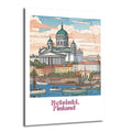 Helsinki Katedrali'nin ve limandaki teknelerin pastel tonlarda, illüstrasyon tarzı bir görünümü. Bulutlu gökyüzü altında sakin bir şehir manzarası.