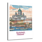 Helsinki Katedrali'nin ve limandaki teknelerin pastel tonlarda, illüstrasyon tarzı bir görünümü. Bulutlu gökyüzü altında sakin bir şehir manzarası.