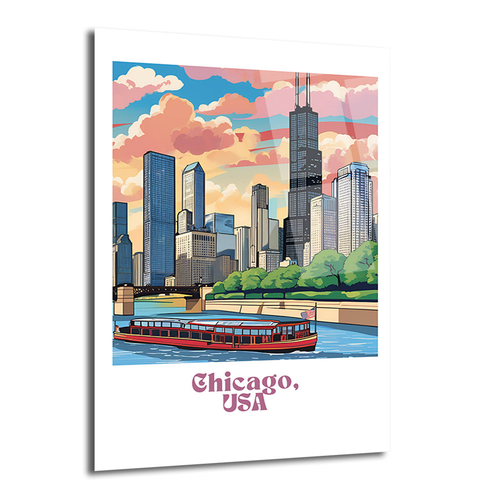 Chicago silüetini gösteren, nehirde kırmızı bir teknenin yüzdüğü, renkli bulutlu gökyüzü altında modern binaların yer aldığı sanatsal bir cam tablo.