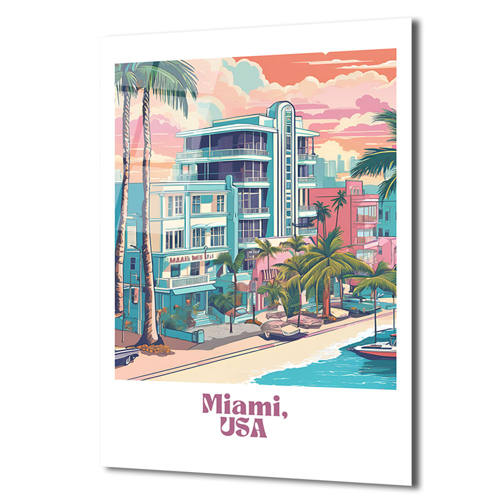 Retro Miami Sahil Manzarası Cam Tablo
