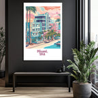 Retro Miami Sahil Manzarası Cam Tablo