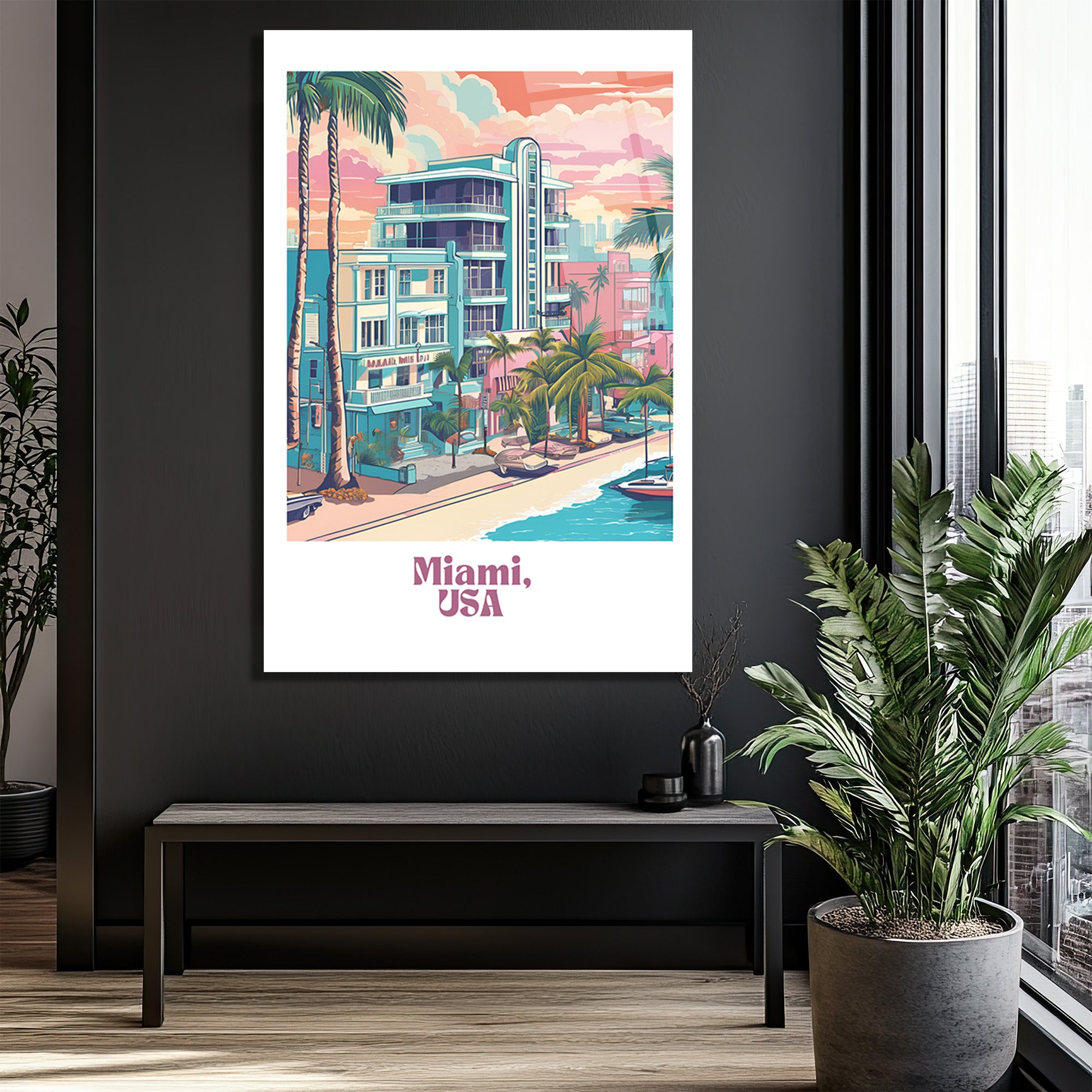 Retro Miami Sahil Manzarası Cam Tablo