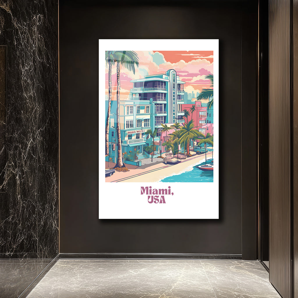 Retro Miami Sahil Manzarası Cam Tablo