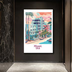 Retro Miami Sahil Manzarası Cam Tablo
