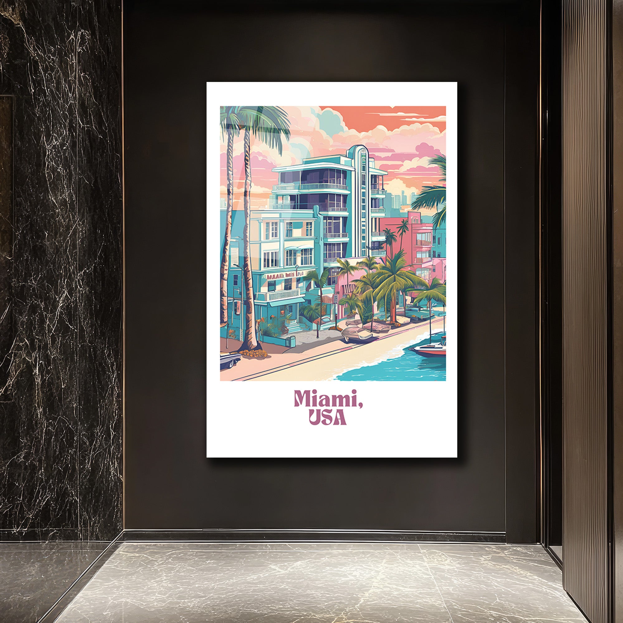 Retro Miami Sahil Manzarası Cam Tablo