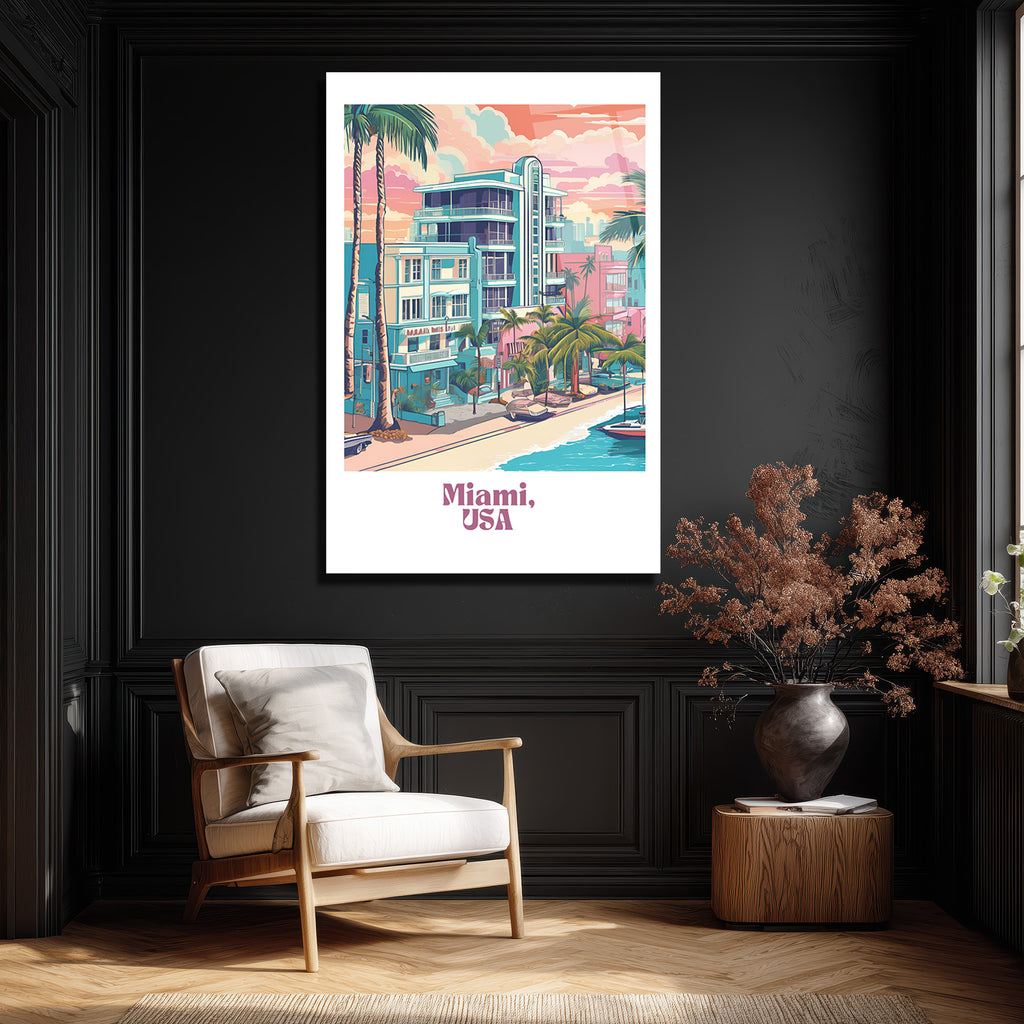 Retro Miami Sahil Manzarası Cam Tablo