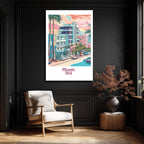 Retro Miami Sahil Manzarası Cam Tablo