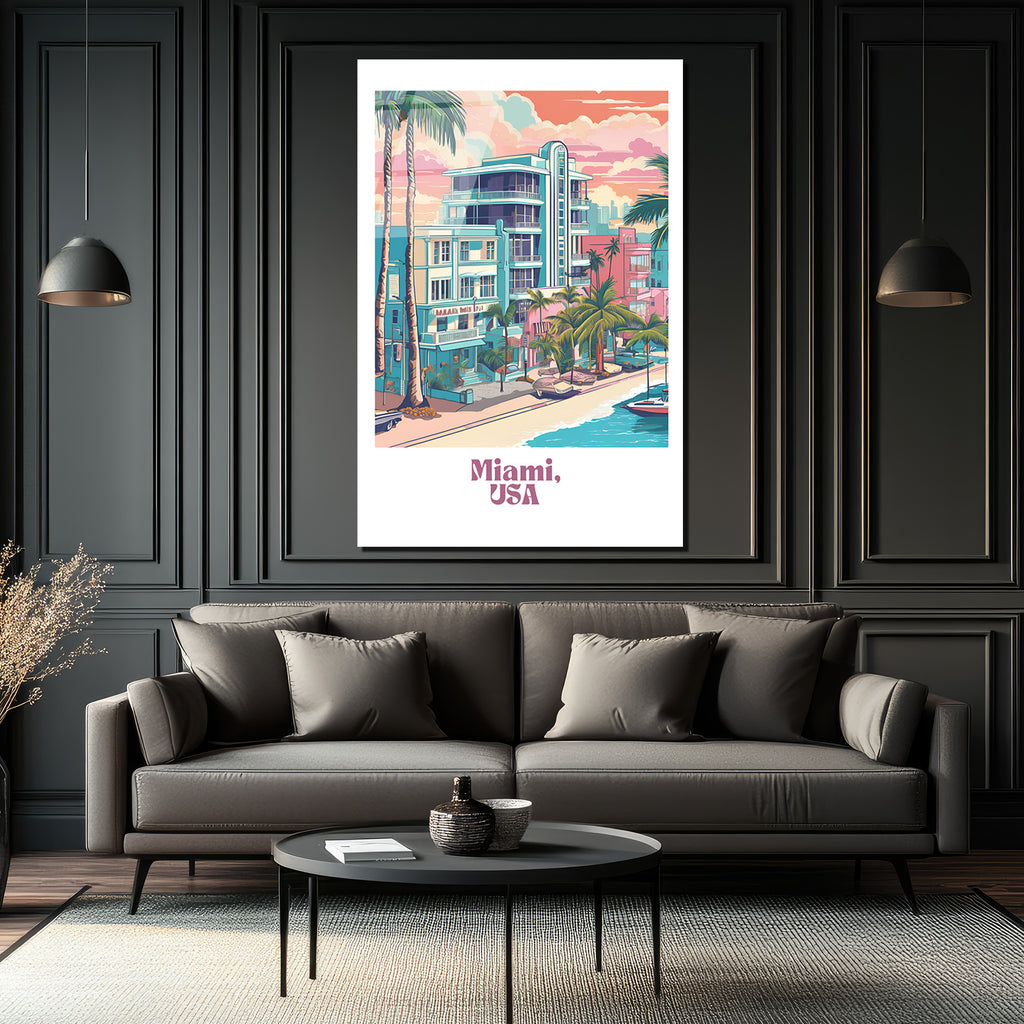 Retro Miami Sahil Manzarası Cam Tablo