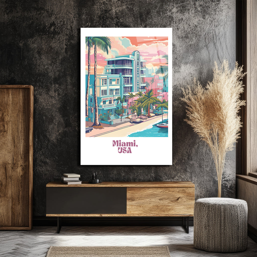 Retro Miami Sahil Manzarası Cam Tablo