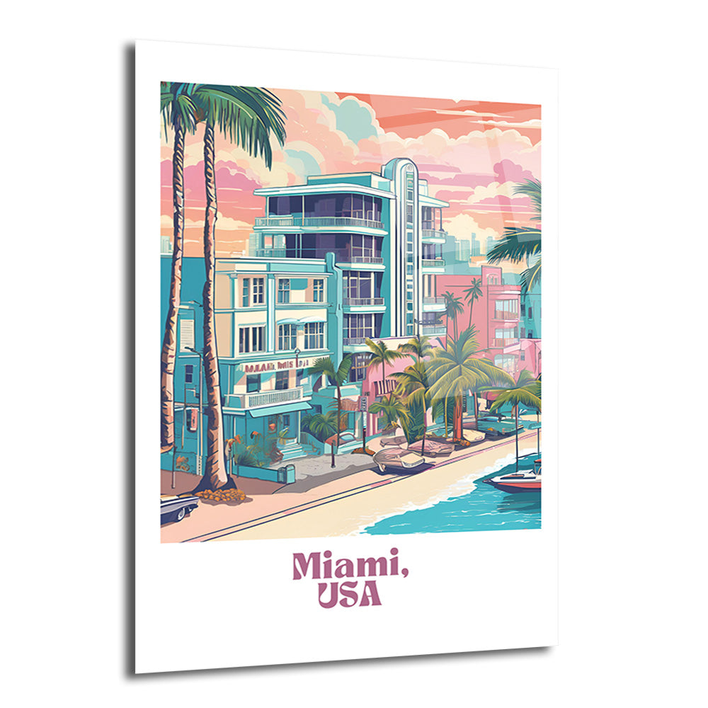 Miami sahilinde gün batımı renklerinde Art Deco binalar, palmiye ağaçları, kumsal ve denizin retro tarzda çizimi.