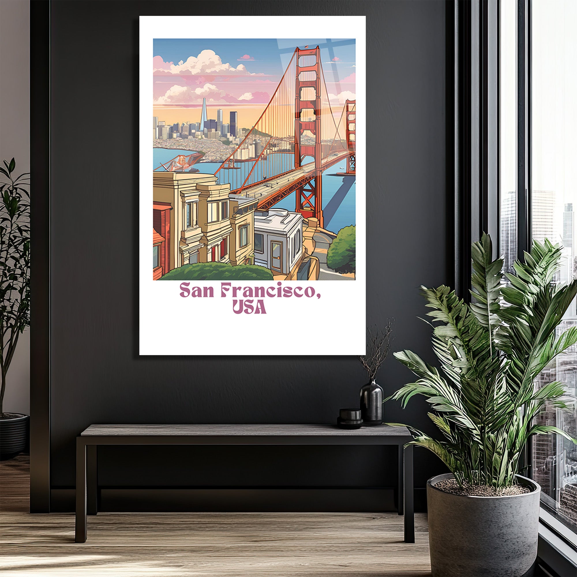 San Francisco Golden Gate Köprüsü Temalı Modern Cam Tablo