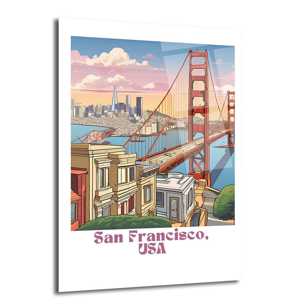 San Francisco şehrinin ikonik Golden Gate Köprüsü, şehir silüeti ve ön planda renkli evlerin pastel tonlarda çizimini gösteren cam tablo.