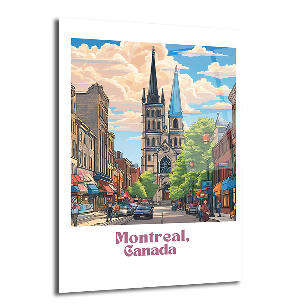 Montreal, Kanada'dan, iki sivri kuleli bir kilisenin ve hareketli bir sokağın, detaylı çizim stiliyle betimlendiği bir görsel. Caddede binalar, ağaçlar, insanlar ve arabalar bulunuyor, gökyüzünde beyaz bulutlar var. Alt kısımda 'Montreal, Canada' yazısı yer alıyor.