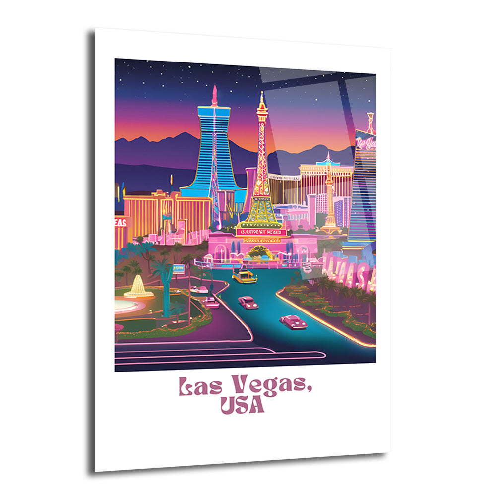 Parlak neon ışıklarıyla aydınlatılmış Las Vegas şehir manzarası gösteren, Paris Eyfel Kulesi replikasının ve gökdelenlerin öne çıktığı, dinamik ve renkli bir cam tablo.